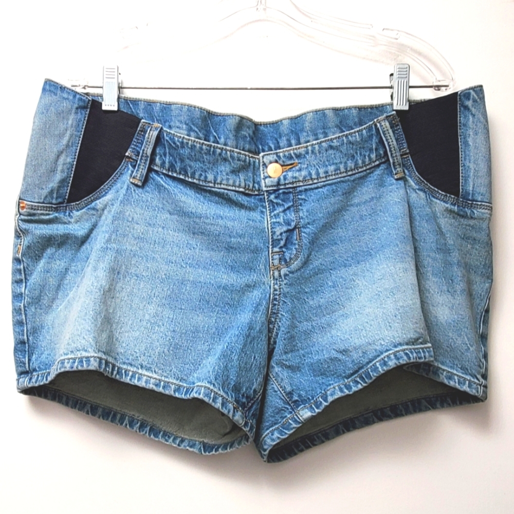 Isababel Maternity Blue Cotton Stretch Denim Midi Shorts Size 12